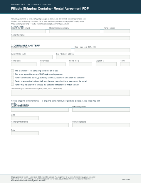 Fillable Shipping Container Rental Agreement PDF preview