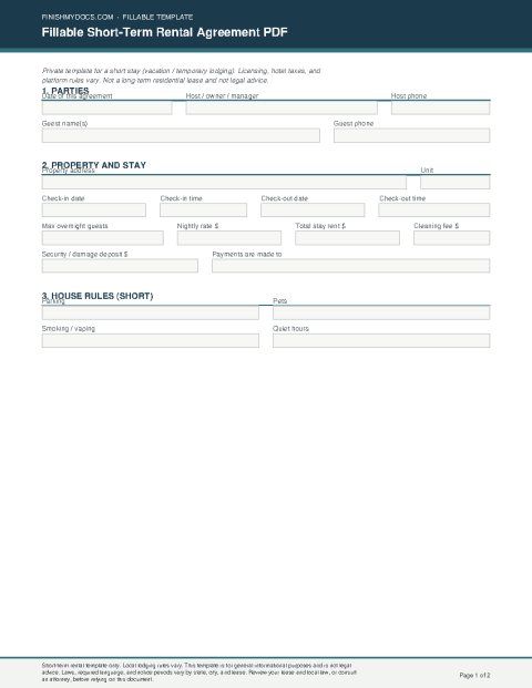 Fillable Short-Term Rental Agreement PDF preview