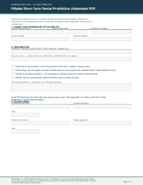 Fillable Short-Term Rental Prohibition Addendum PDF preview