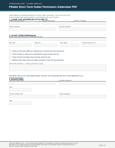 Fillable Short-Term Sublet Permission Addendum PDF preview