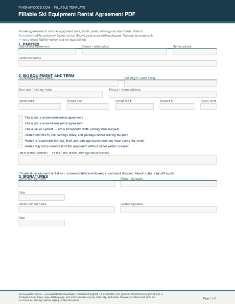 Fillable Ski Equipment Rental Agreement PDF preview