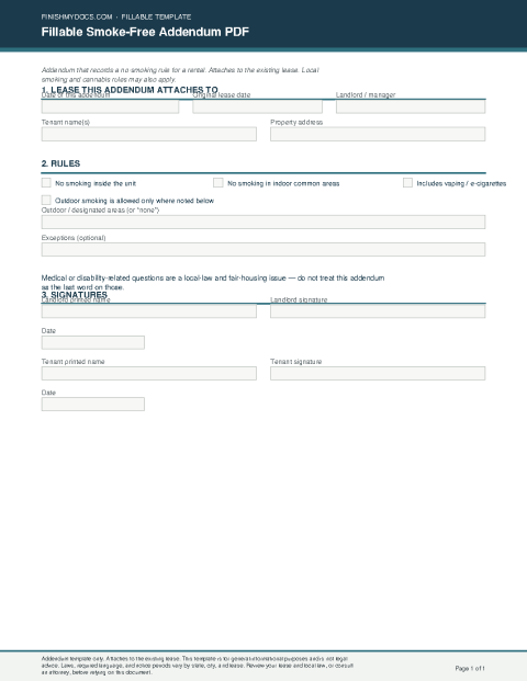Fillable Smoke-Free Addendum PDF preview