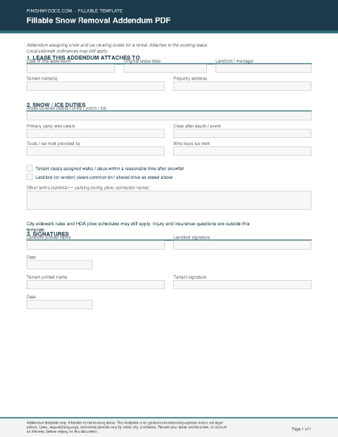 Fillable Snow Removal Addendum PDF preview