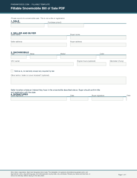 Fillable Snowmobile Bill of Sale PDF preview
