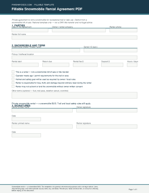 Fillable Snowmobile Rental Agreement PDF preview