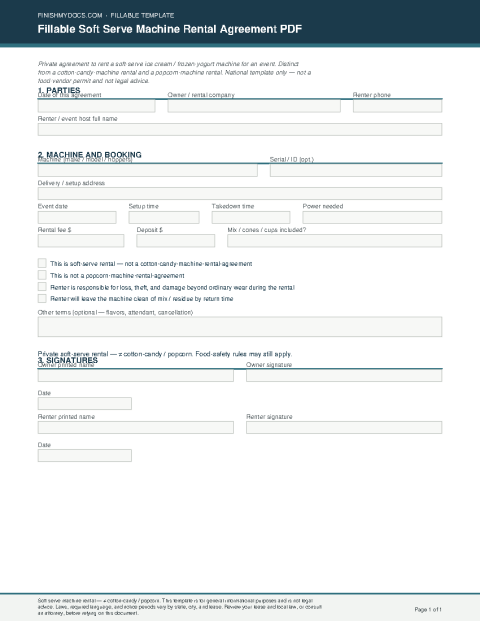 Fillable Soft Serve Machine Rental Agreement PDF preview