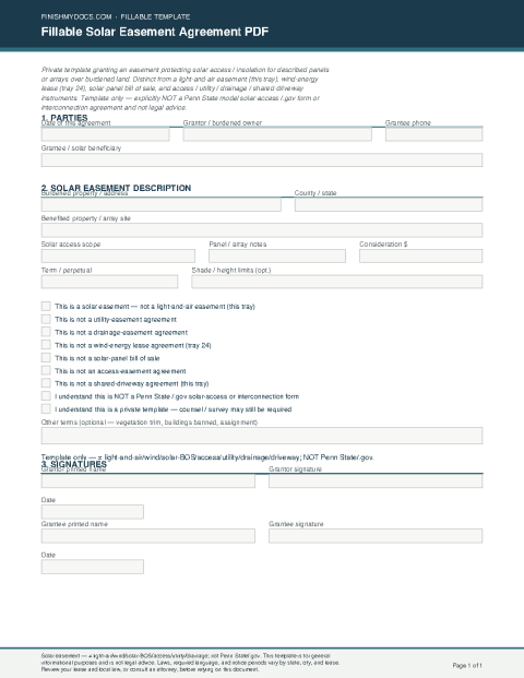 Fillable Solar Easement Agreement PDF preview