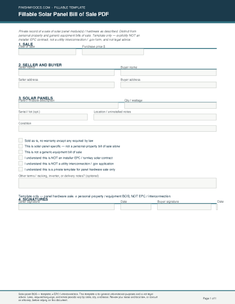 Fillable Solar Panel Bill of Sale PDF preview