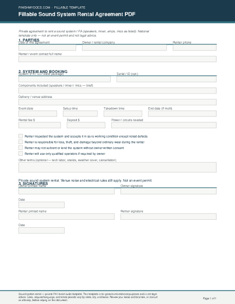 Fillable Sound System Rental Agreement PDF preview