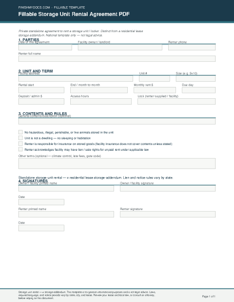 Fillable Storage Unit Rental Agreement PDF preview