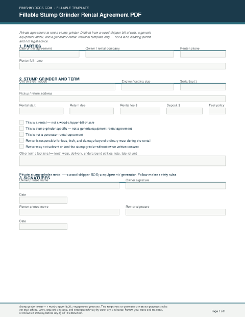 Fillable Stump Grinder Rental Agreement PDF preview