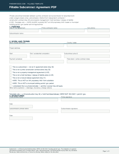 Fillable Subcontract Agreement PDF preview