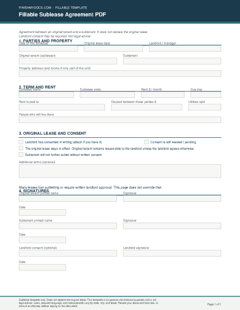 Fillable Sublease Agreement PDF preview