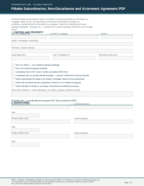 Fillable Subordination, Non-Disturbance and Attornment Agreement PDF preview