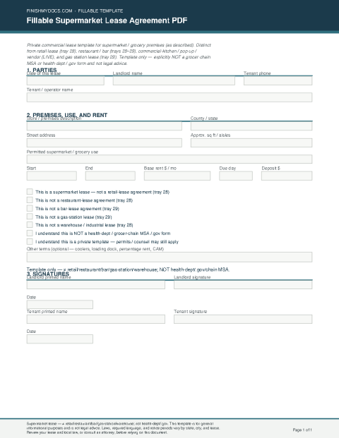 Fillable Supermarket Lease Agreement PDF preview