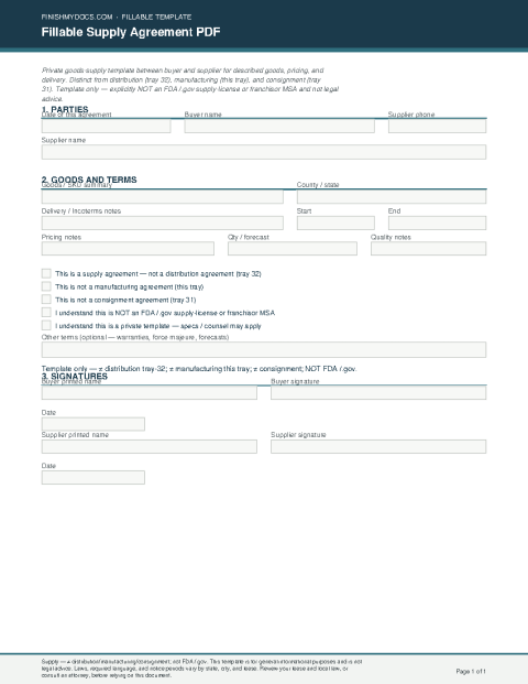 Fillable Supply Agreement PDF preview