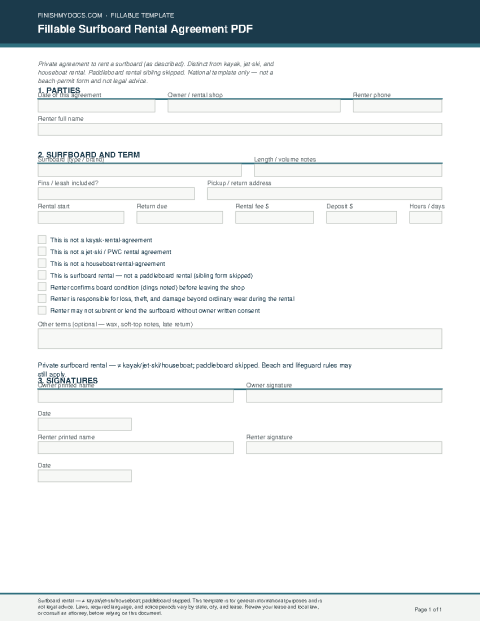 Fillable Surfboard Rental Agreement PDF preview