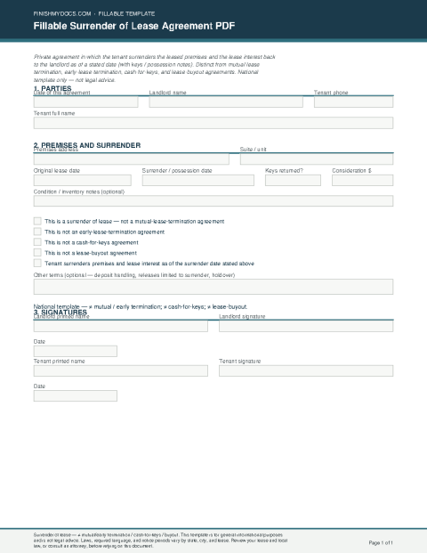 Fillable Surrender of Lease Agreement PDF preview