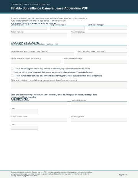 Fillable Surveillance Camera Lease Addendum PDF preview