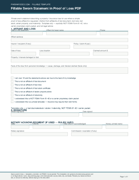 Fillable Sworn Statement in Proof of Loss PDF preview