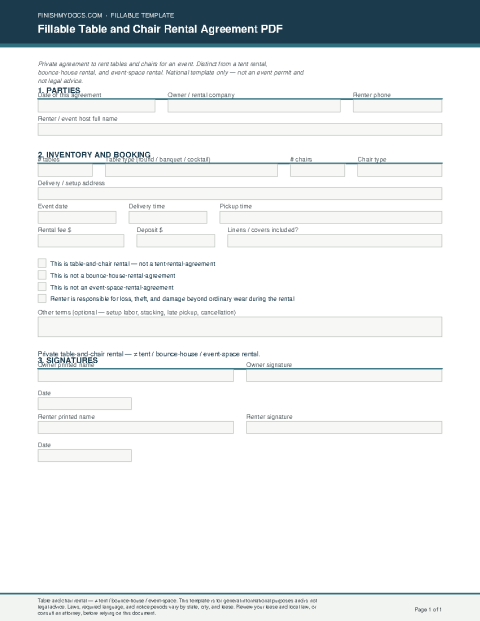 Fillable Table and Chair Rental Agreement PDF preview
