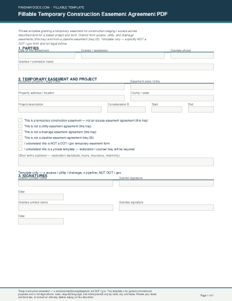 Fillable Temporary Construction Easement Agreement PDF preview