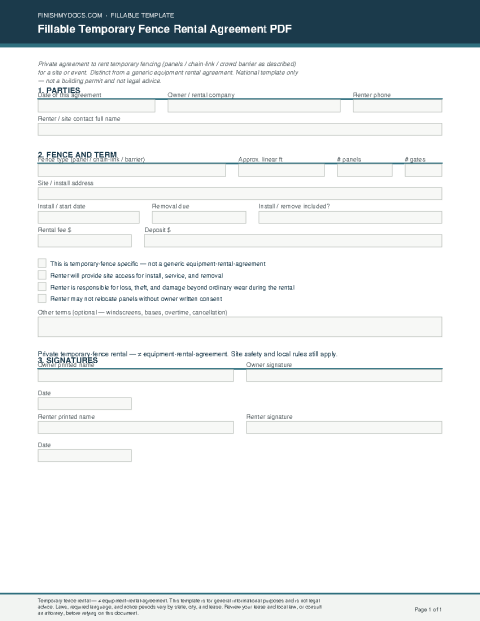 Fillable Temporary Fence Rental Agreement PDF preview