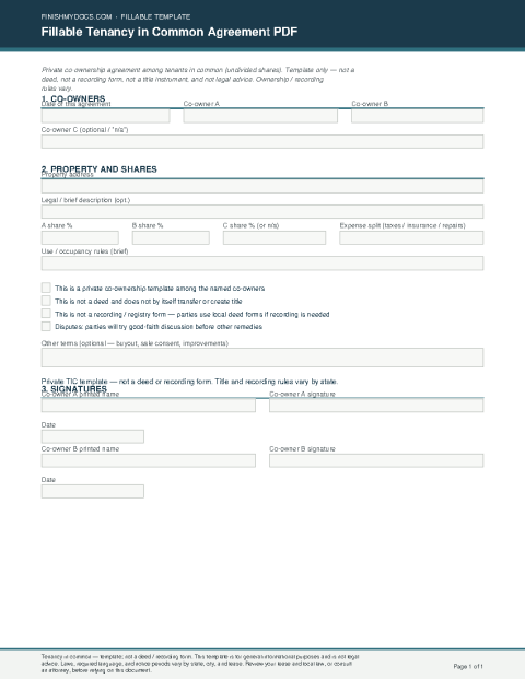 Fillable Tenancy in Common Agreement PDF preview