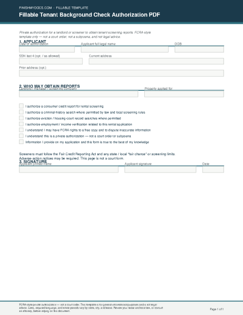 Fillable Tenant Background Check Authorization PDF preview