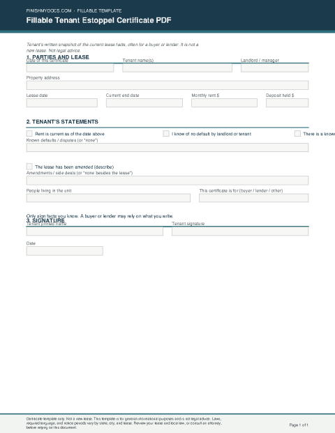 Fillable Tenant Estoppel Certificate PDF preview