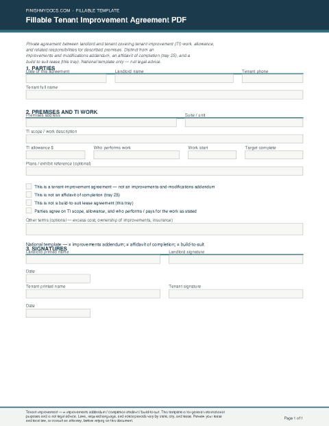 Fillable Tenant Improvement Agreement PDF preview
