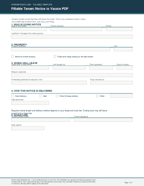 Fillable Tenant Notice to Vacate PDF preview