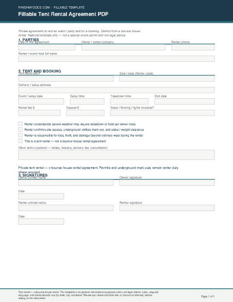 Fillable Tent Rental Agreement PDF preview