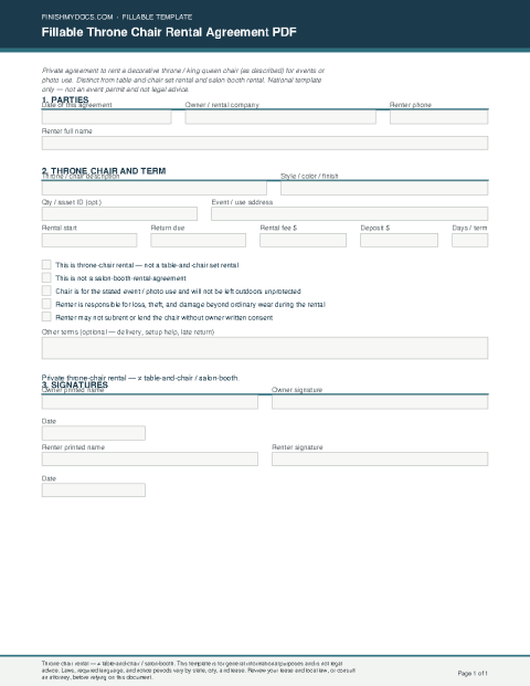 Fillable Throne Chair Rental Agreement PDF preview