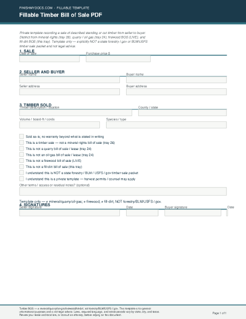 Fillable Timber Bill of Sale PDF preview