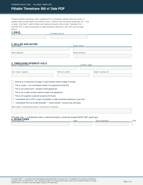 Fillable Timeshare Bill of Sale PDF preview