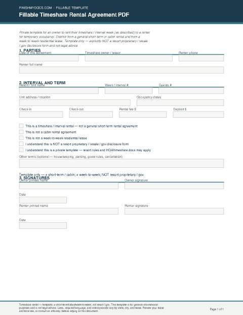 Fillable Timeshare Rental Agreement PDF preview