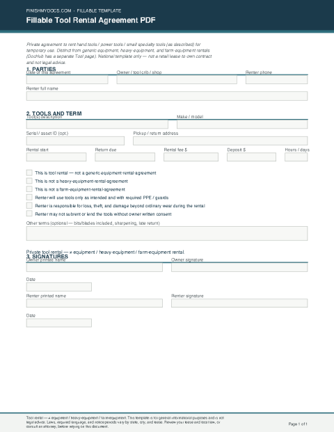 Fillable Tool Rental Agreement PDF preview