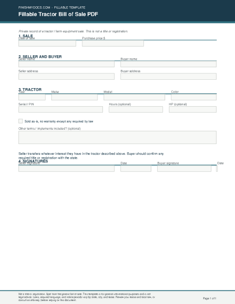 Fillable Tractor Bill of Sale PDF preview