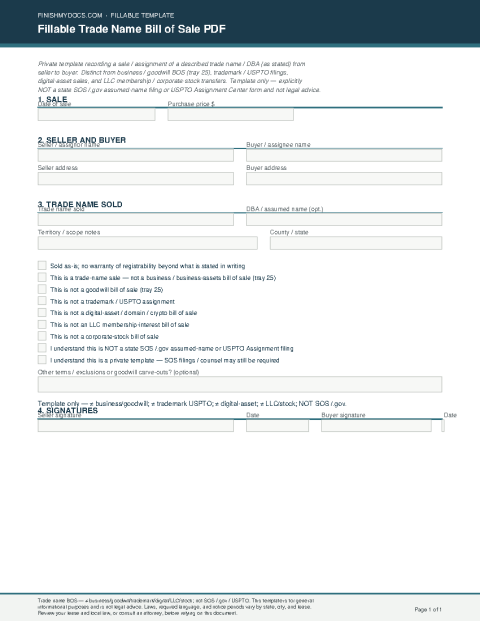 Fillable Trade Name Bill of Sale PDF preview