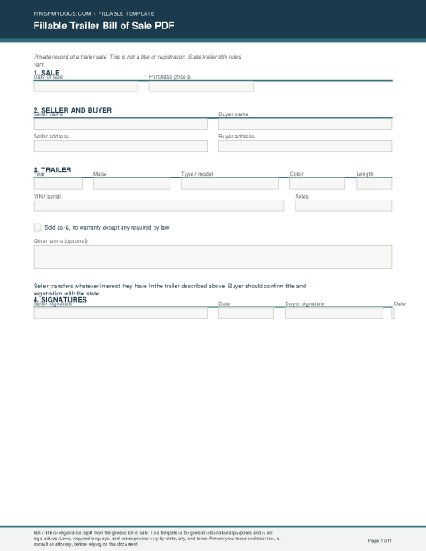 Fillable Trailer Bill of Sale PDF preview