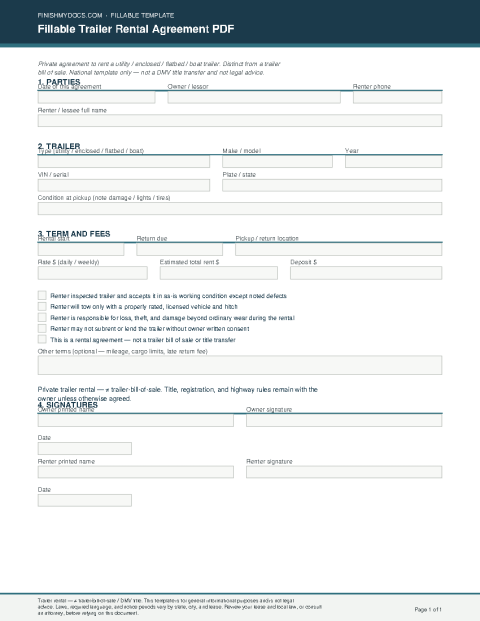 Fillable Trailer Rental Agreement PDF preview