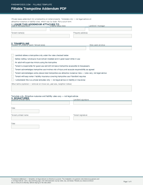 Fillable Trampoline Addendum PDF preview