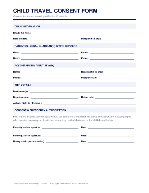 Child Travel Consent Form preview thumbnail
