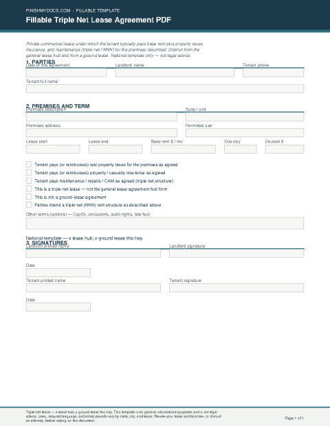 Fillable Triple Net Lease Agreement PDF preview