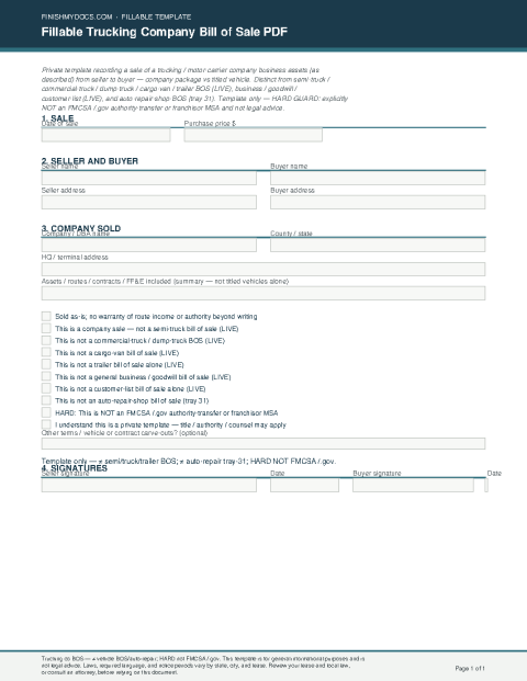 Fillable Trucking Company Bill of Sale PDF preview