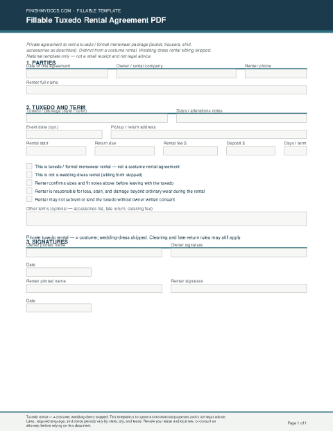 Fillable Tuxedo Rental Agreement PDF preview