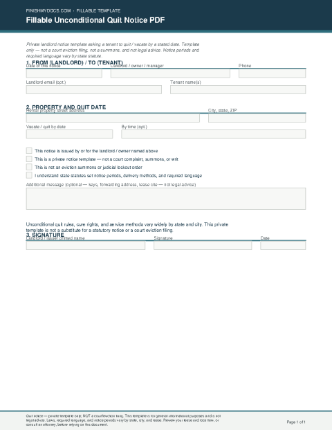 Fillable Unconditional Quit Notice PDF preview