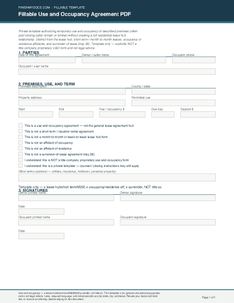Fillable Use and Occupancy Agreement PDF preview