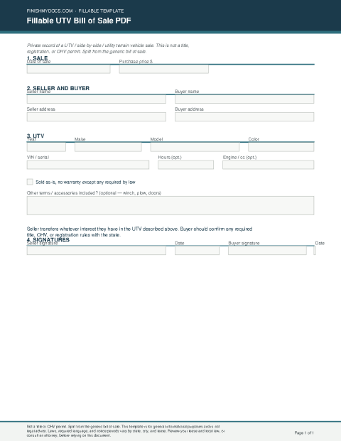 Fillable UTV Bill of Sale PDF preview